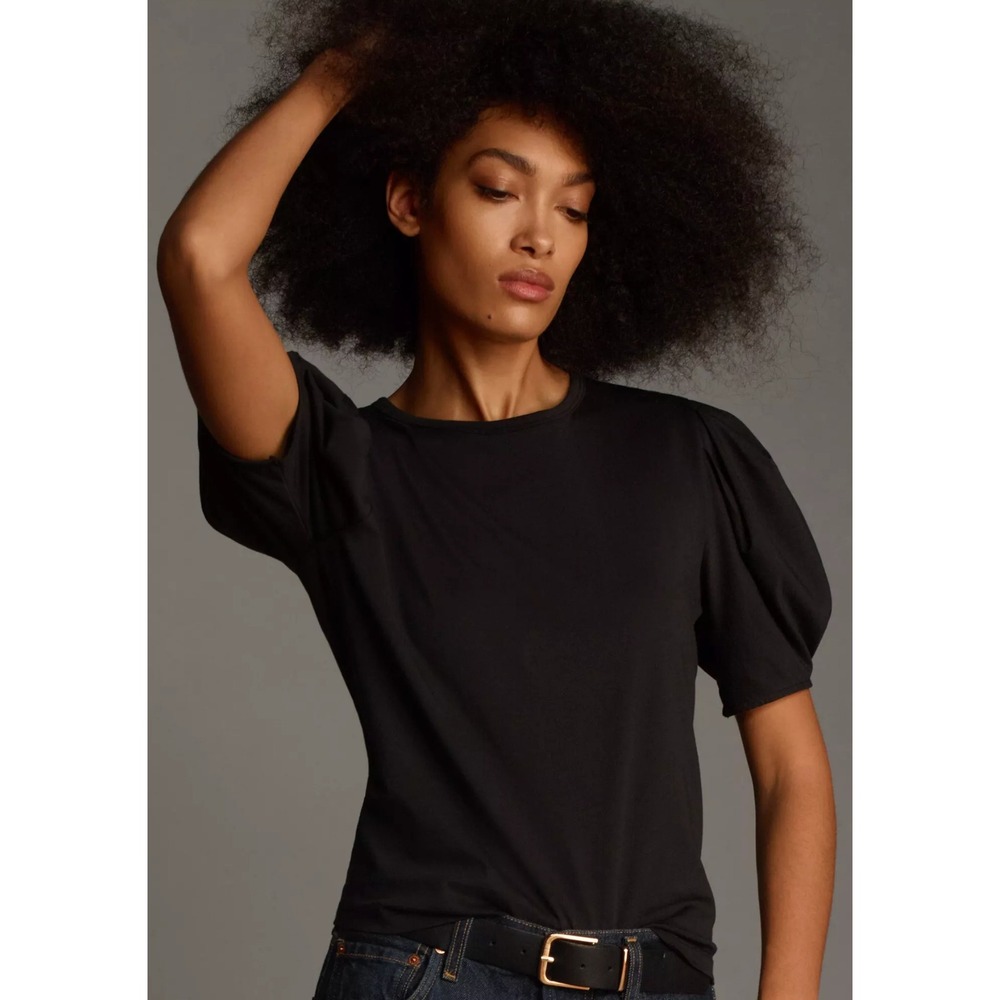Nation LTD Alicia Black Pima Cotton Linen Puff Sleeve Top SP22 2211LP Small